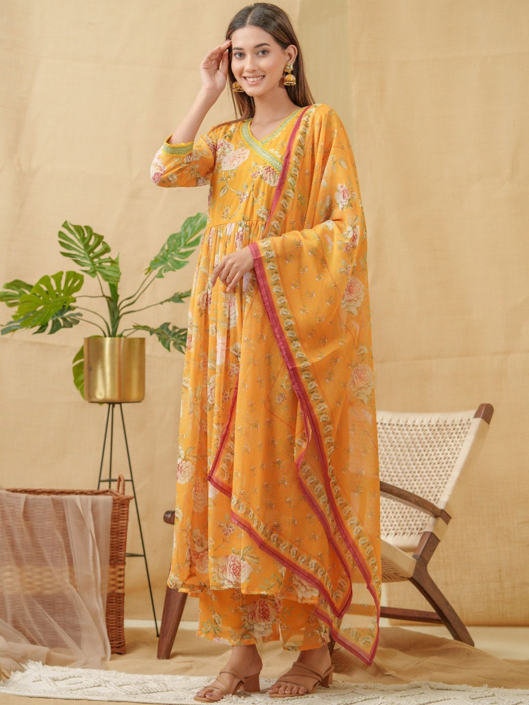 Dhiyona IS Women's V-Neck Floral Printed Angrakha Kurta with Palazzos & Dupatta