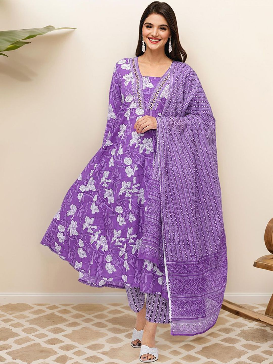 Dhiyona IS Women's Floral Printed Pure Cotton Kurta with Trousers & Dupatta