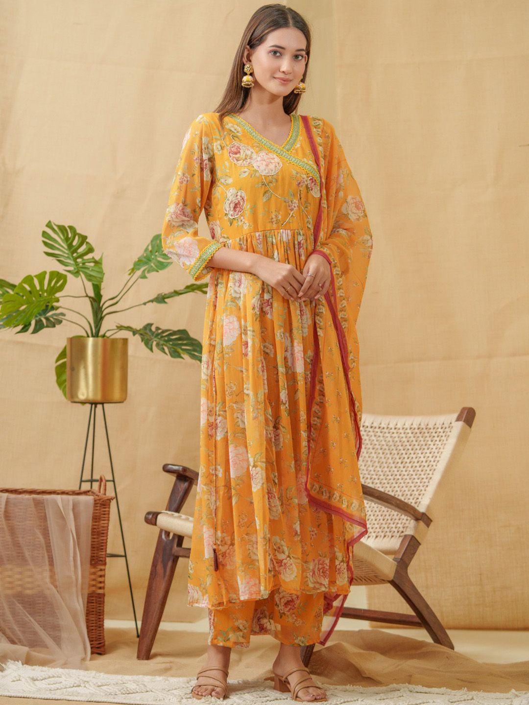 Dhiyona IS Women's V-Neck Floral Printed Angrakha Kurta with Palazzos & Dupatta