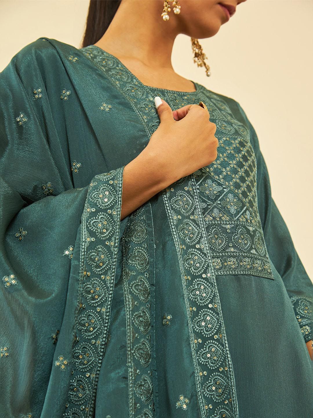 Dhiyona SO Women's Ethnic Motifs Yoke Design Regular Sequinned Kurta with Palazzos & Dupatta