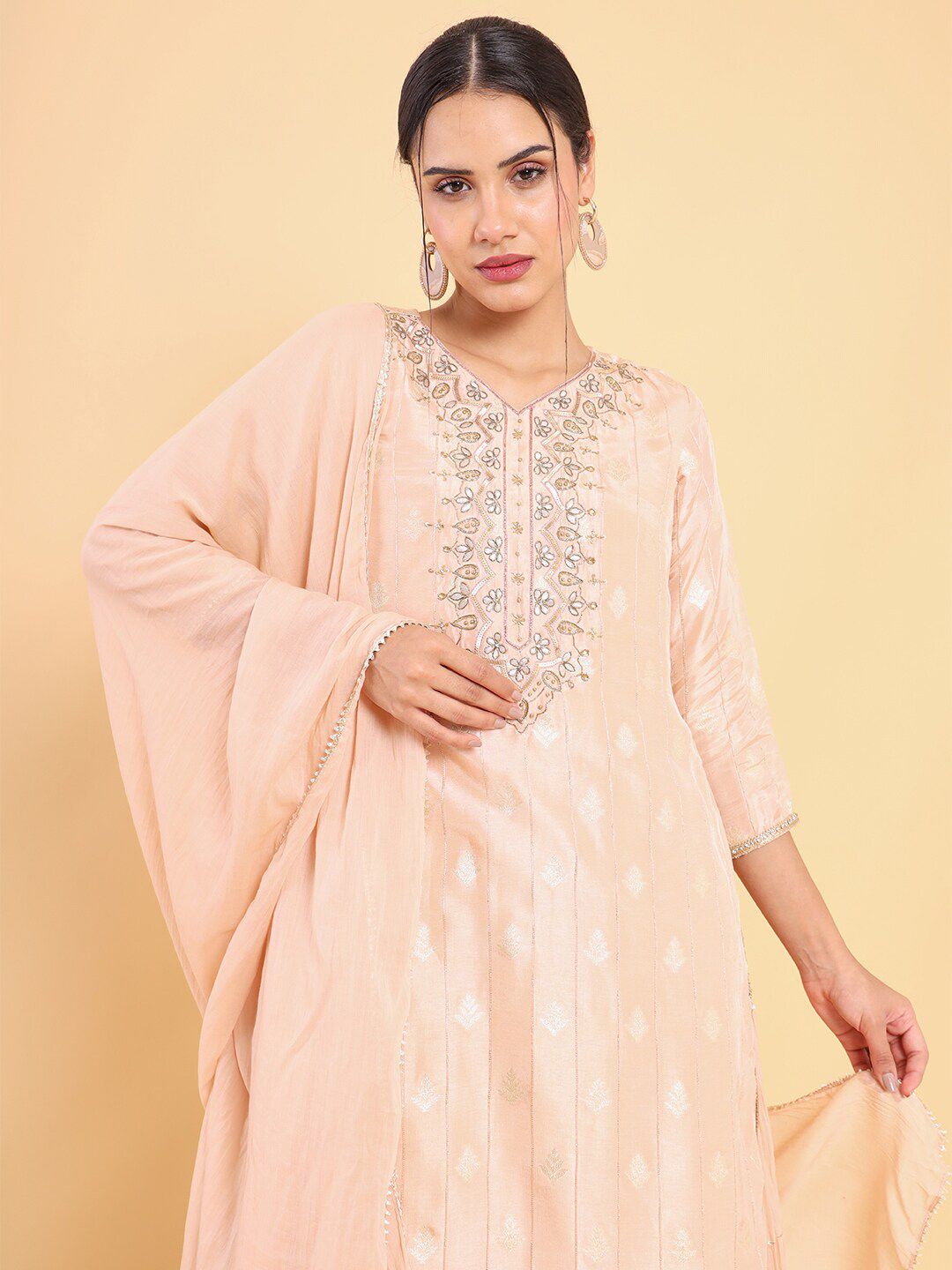 Dhiyona SO Women's Women Peach-Coloured Ethnic Motifs Yoke Design Layered Kurta with Churidar