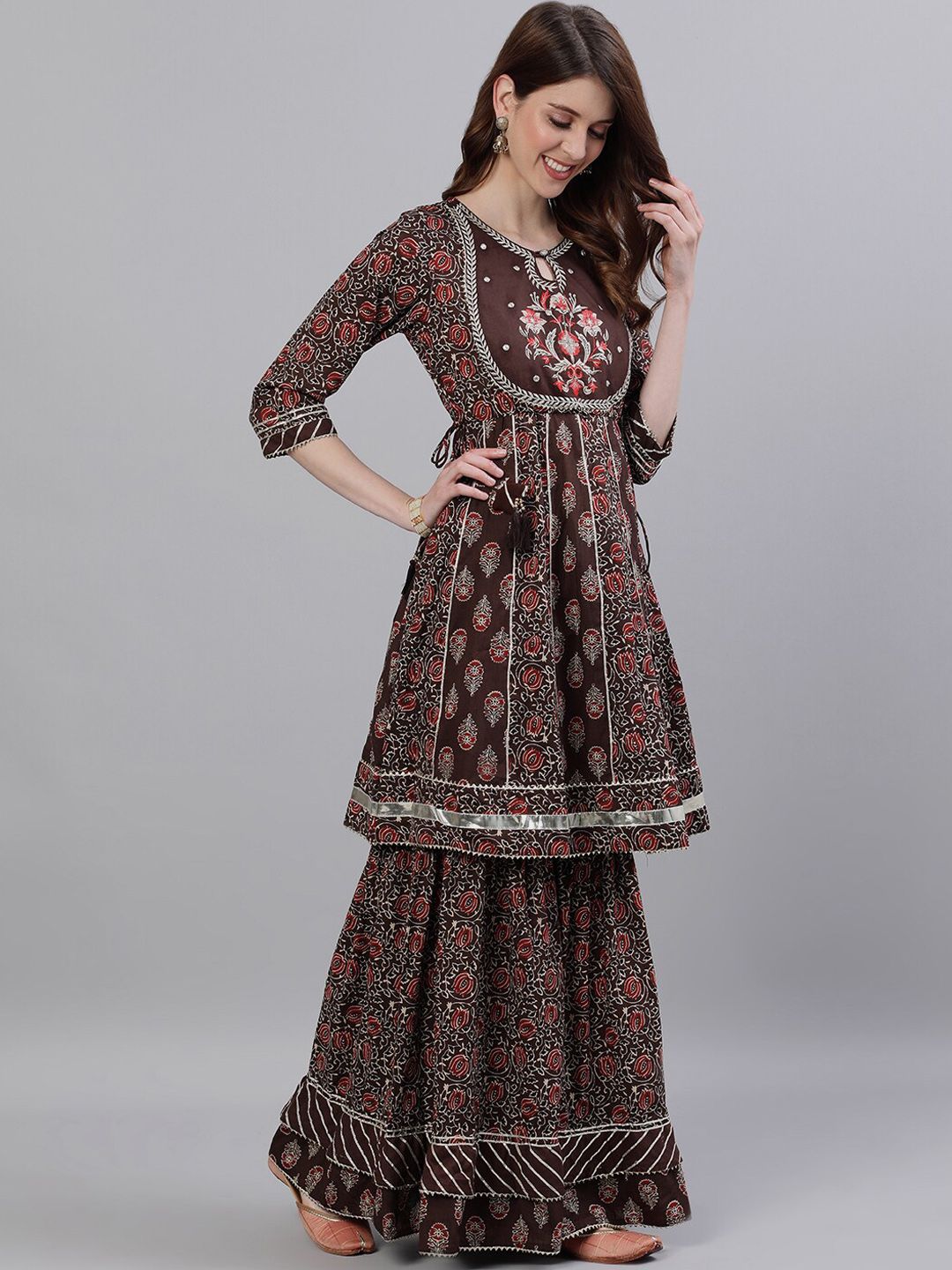 Dhiyona IS Women's Women Brown Embroidered Kurti with Sharara & Dupatta