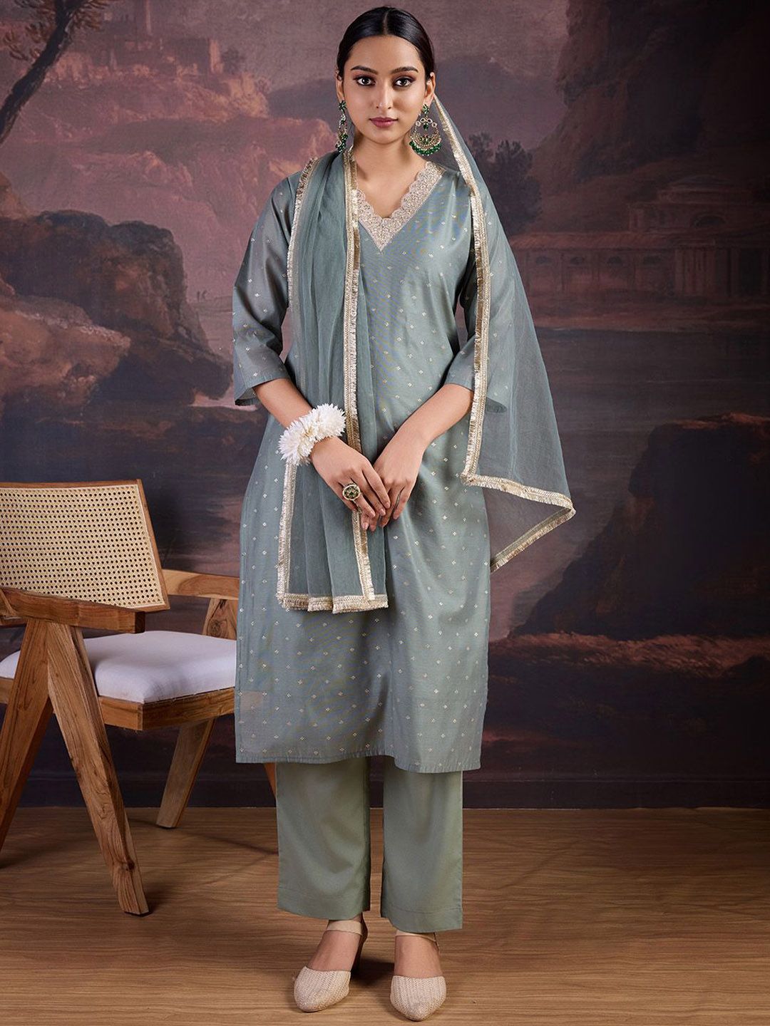 Dhiyona PD Women Floral Woven Design Straight Kurta With Trousers & Dupatta
