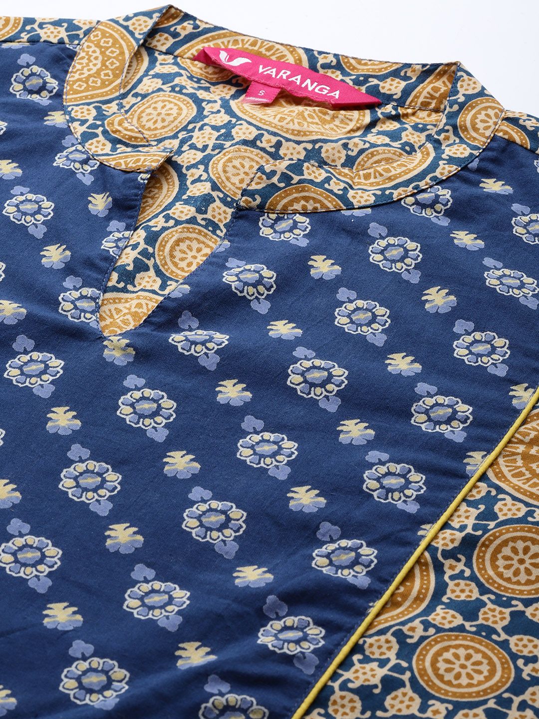Dhiyona VA Women's Beige & Blue Printed Pure Cotton Kurta with Trousers