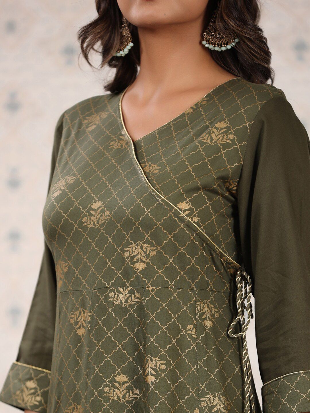 Dhiyona OD Olive Green & Gold Printed V Neck Angrakha Kurta With Palazzos