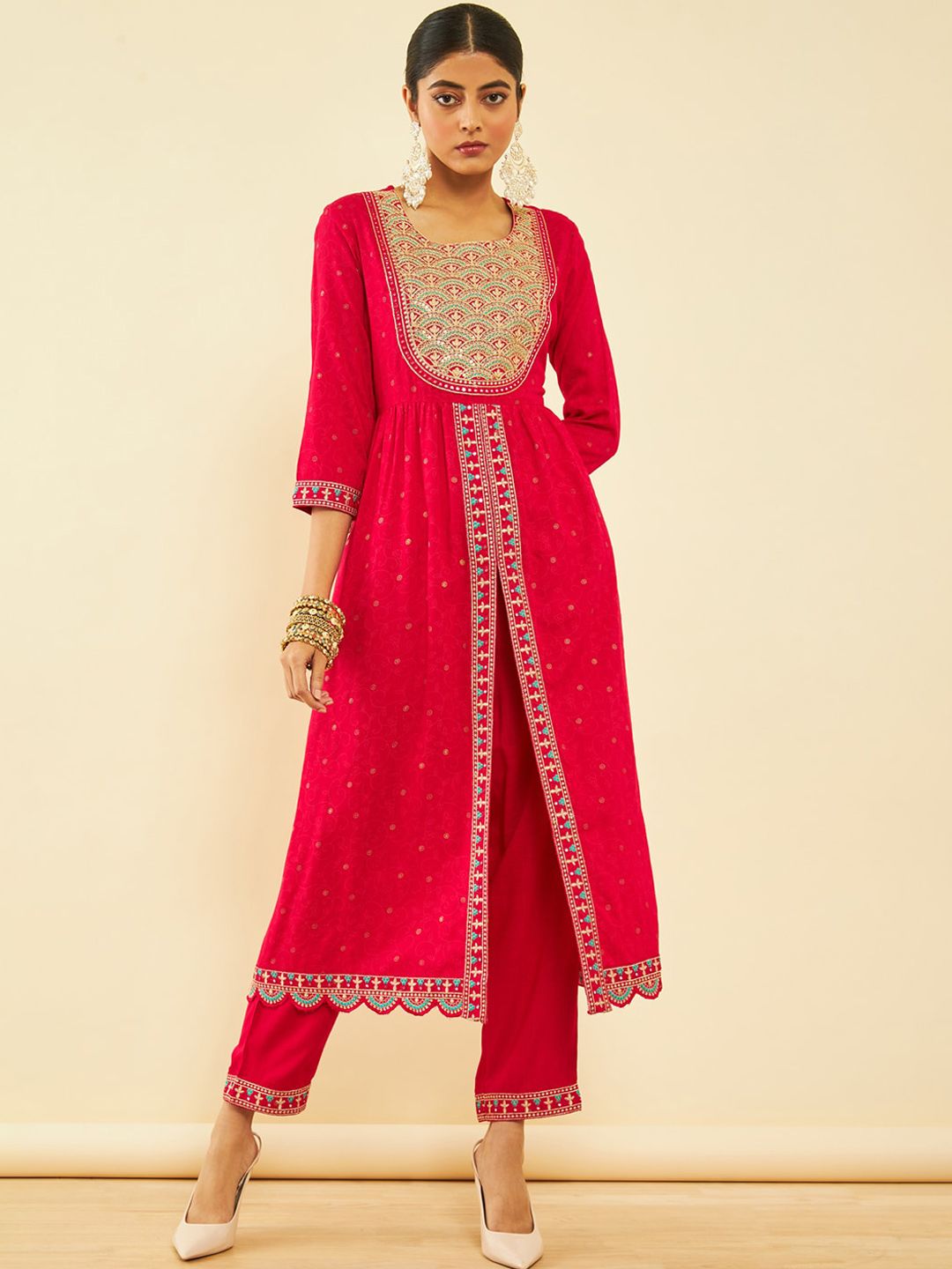 Dhiyona SO Women's Alina Cut Fuchsia Ethnic Motifs Embroidered Pleated Sequinned Kurta With Trousers & Dupatta