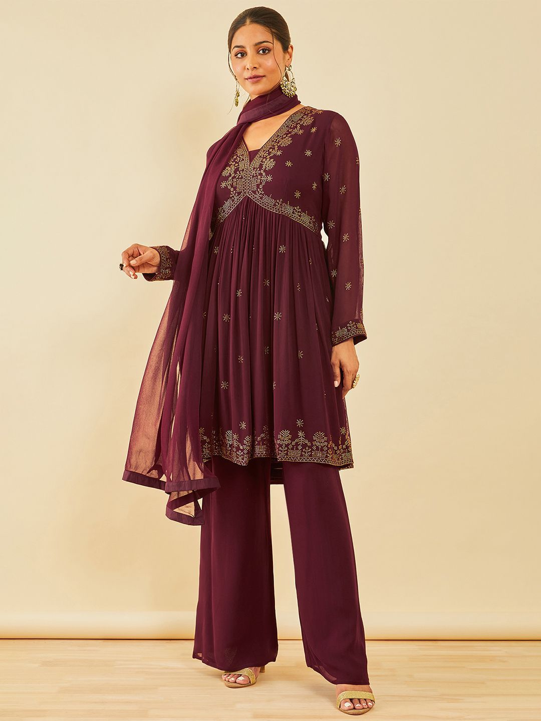 Dhiyona SO Women's Women Alia Cut Floral Embroidered Angrakha Beads and Stones Kurta with Palazzos & With Dupatta