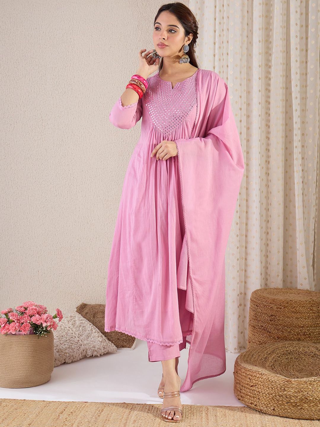 Dhiyona IE Women Yoke Design Embroidered Cotton Kurta with Trousers & Dupatta