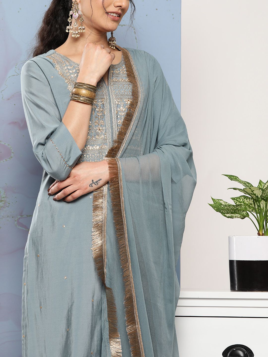 Dhiyona VA Women's Grey Ethnic Motifs Gotta Patti Kurta with Trousers & With Dupatta