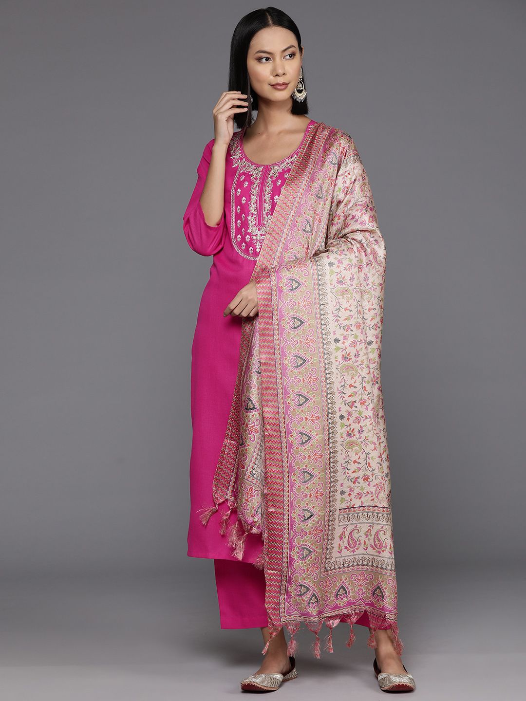 Dhiyona VA Women's Floral Yoke Design Regular Thread Work Kurta with Trousers & Dupatta