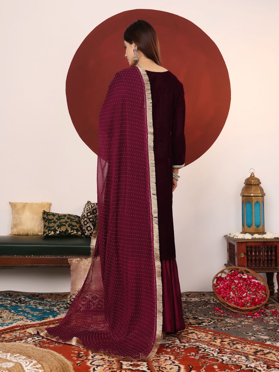 Dhiyona VA Women's Zari & Sequin Embroidered Neck Velvet Winter Kurta with Sharara & Dupatta