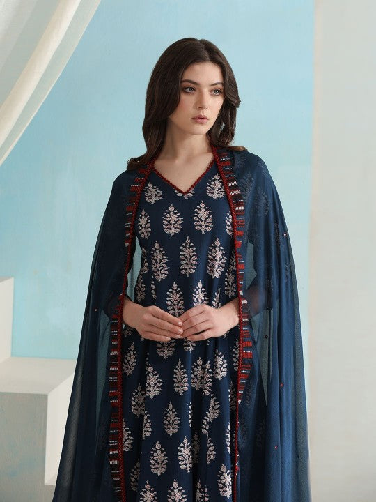 Women's Ethnic Motifs Printed V-Neck Pure Cotton A-Line Kurta with Palazzos & Dupatta