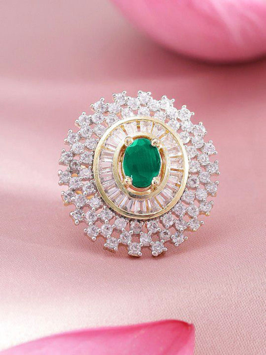Dhiyona RJ Women's Rhodium-Plated Emerald Green & White Zirconia Stone Studded Adjustable Ring