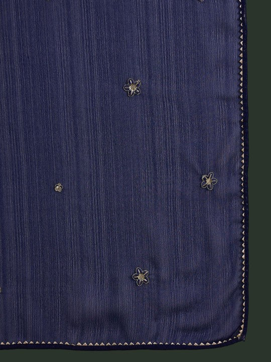 Women's Navy Blue Ethnic Motifs Embroidered A-Line Kurta With Trouser & Dupatta