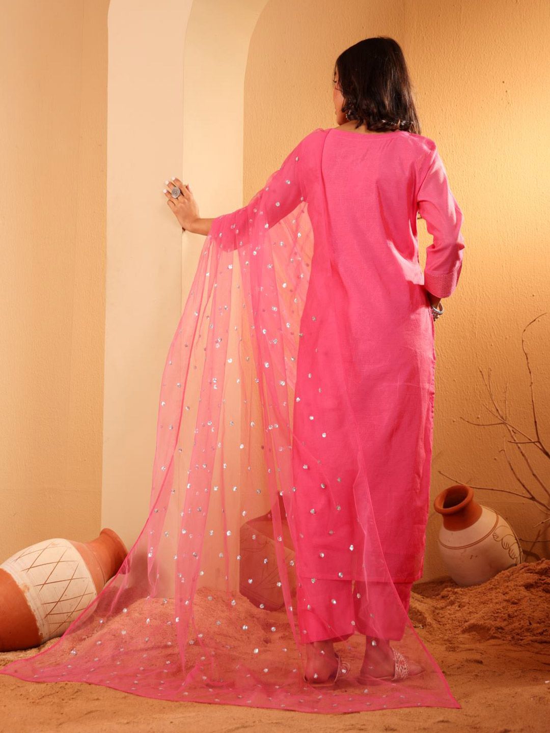 Dhiyona VA Women'sEthnic Motifs Embroidered Sequinned Chanderi Silk Kurta with Trousers And Dupatta