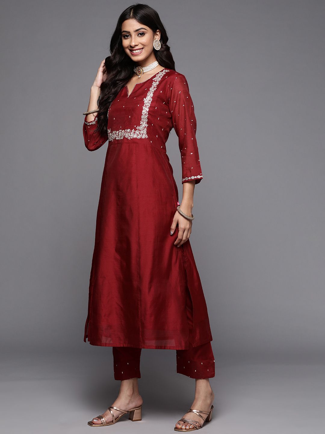 Dhiyona VA Women's Maroon Ethnic Motifs Embroidered Kurta with Trousers & With Dupatta