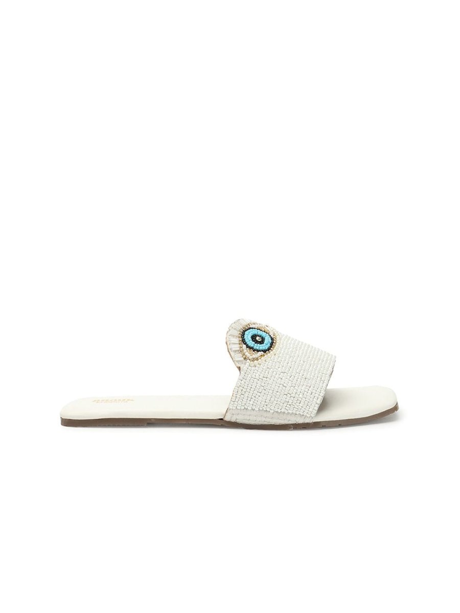 Dhiyona AK White & Blue Evil Eye Embellished Classic Open Toe Flats