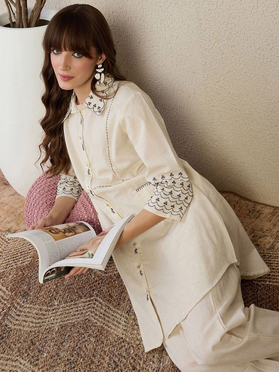 Women Woven Design Embroidered Kurta with Trousers