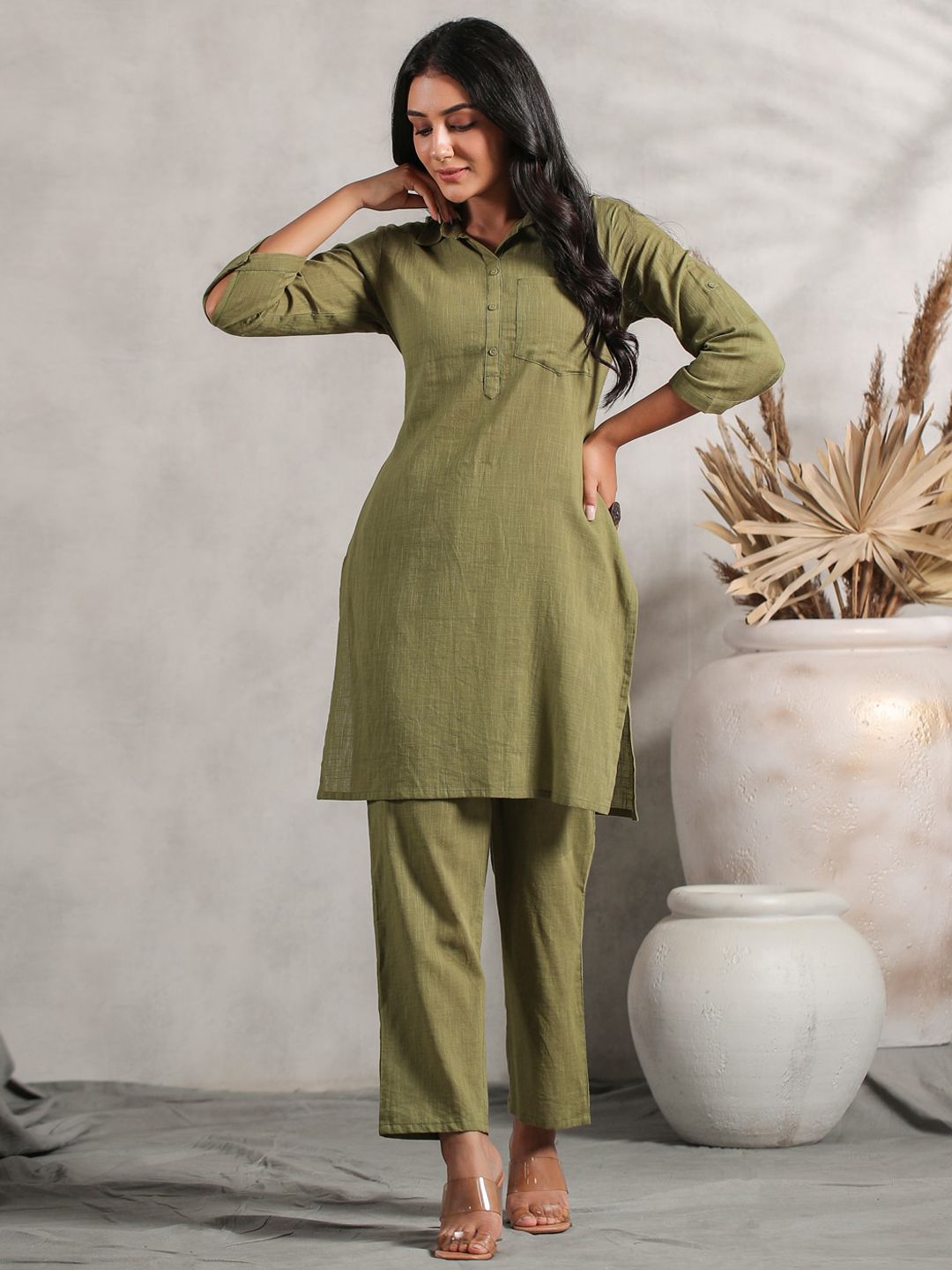 Dhiyona IS Women's Shirt Collar Cuffed Sleeves Fusion Pure Cotton Kurta with Trousers
