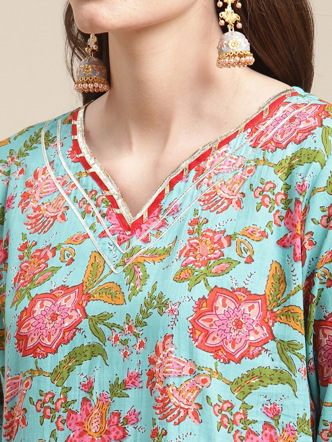 Dhiyona VA Women's Blue Floral Printed Gotta Patti Kurti with Trousers & With Dupatta