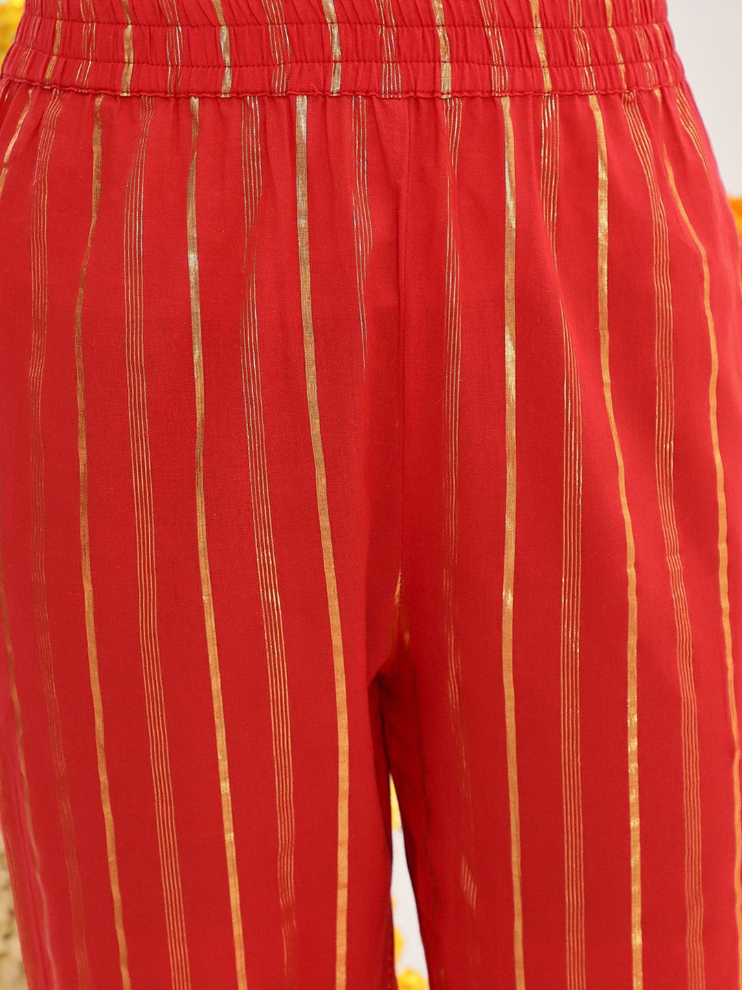 Dhiyona VA Women'sRed Striped Shoulder Straps Straight Kurta & Trousers With Dupatta