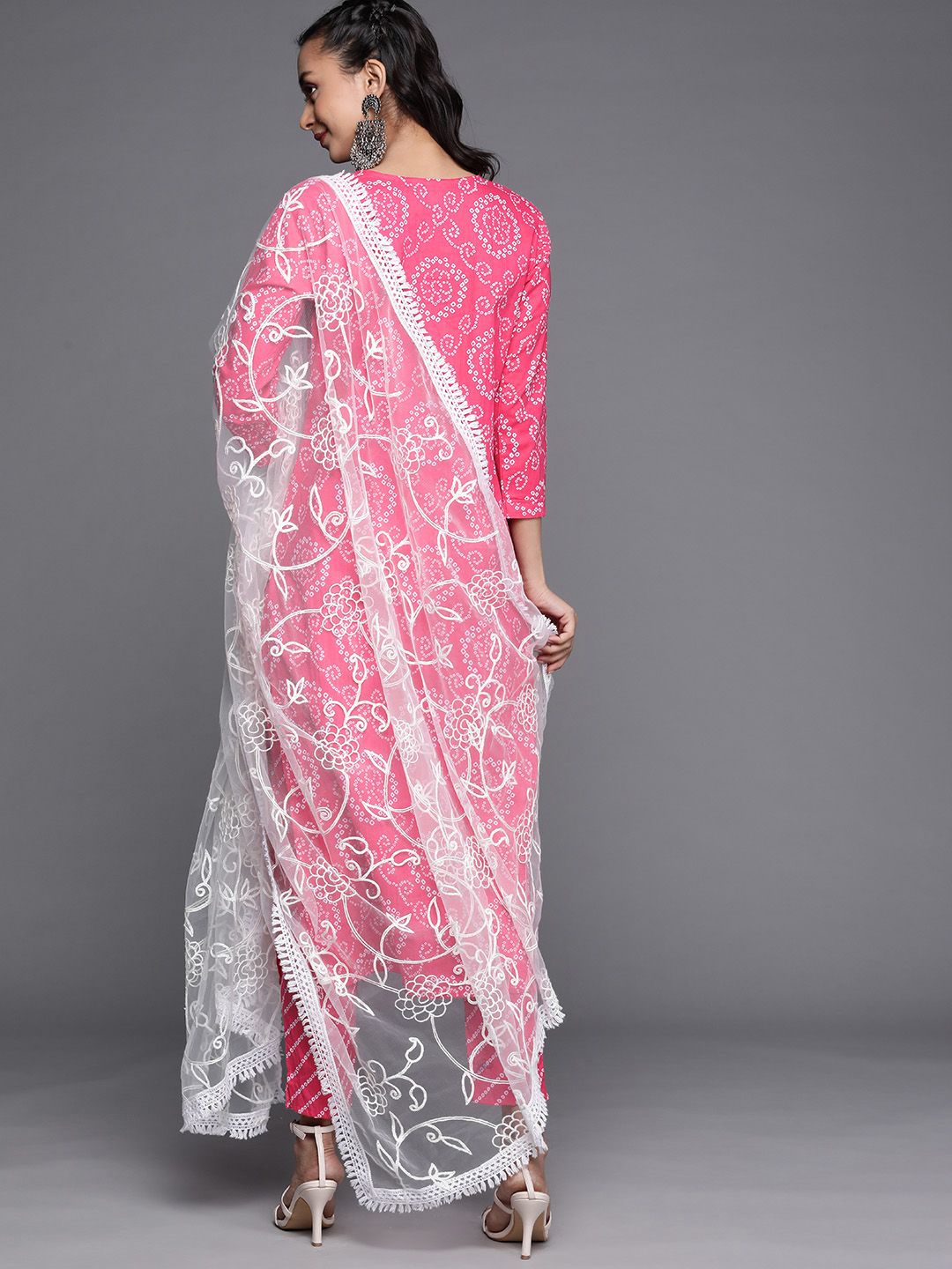 Dhiyona VA Women's Pink Bandhani Printed Gotta Patti Pure Cotton Kurta with Trousers & With Dupatta