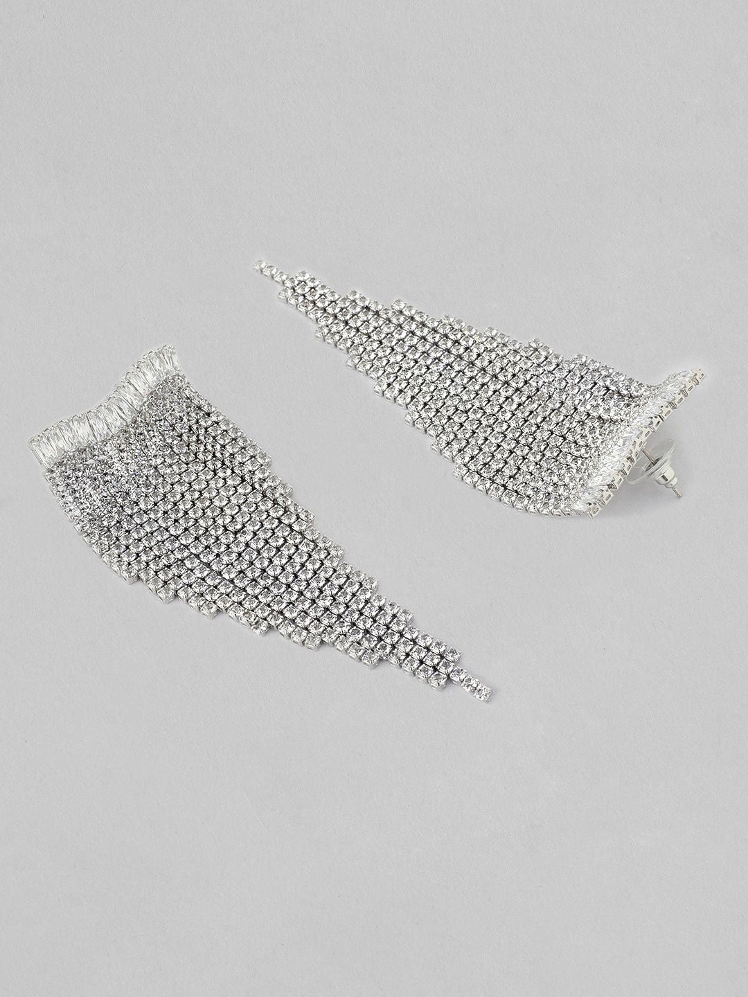 Dhiyona RJ Women's Silver Plated Crystal & AD Studded Shoulder Duster Glamorous Earrings