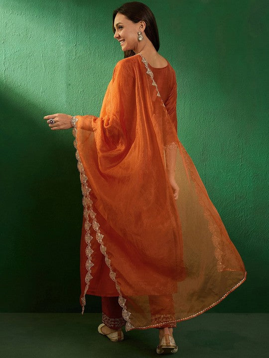 Women's Embroidered Boat-Neck Kurta With Trousers & Dupatta