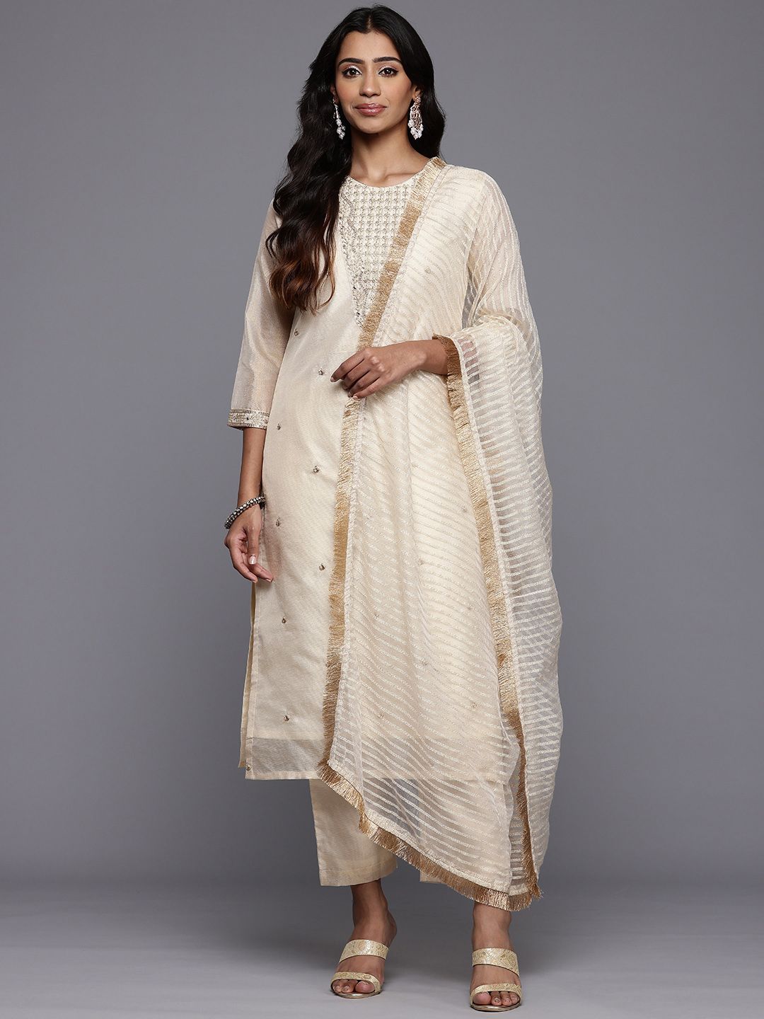 Dhiyona VA Women'sEthnic Motifs Embroidered Sequinned Brocade Kurta With Trousers & Dupatta