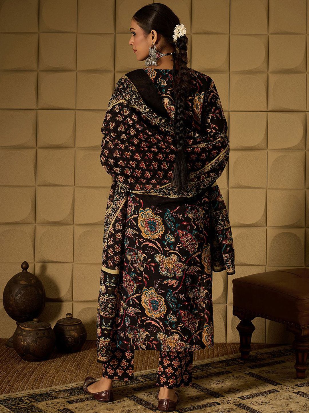 Dhiyona IE Floral Printed Sequinned Pure Cotton Kurta With Trousers & Dupatta