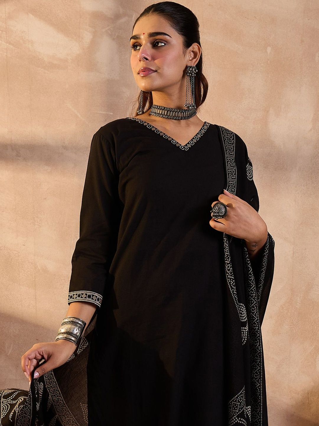 Women Solid Cotton Kurta with Trousers & Dupatta