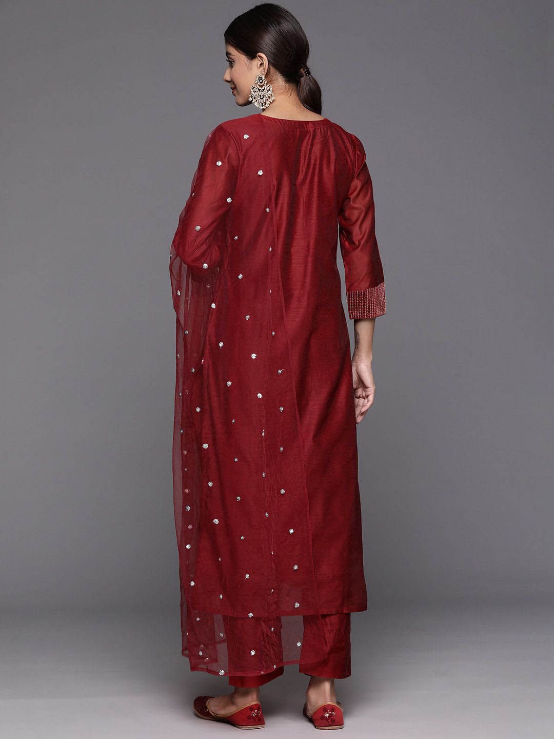 Dhiyona VA Women'sFloral Yoke Design Chanderi Silk Straight Kurta & Trousers With Dupatta