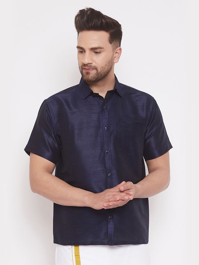 Men's Navy Blue Silk Blend Straight Shirt And Mundu