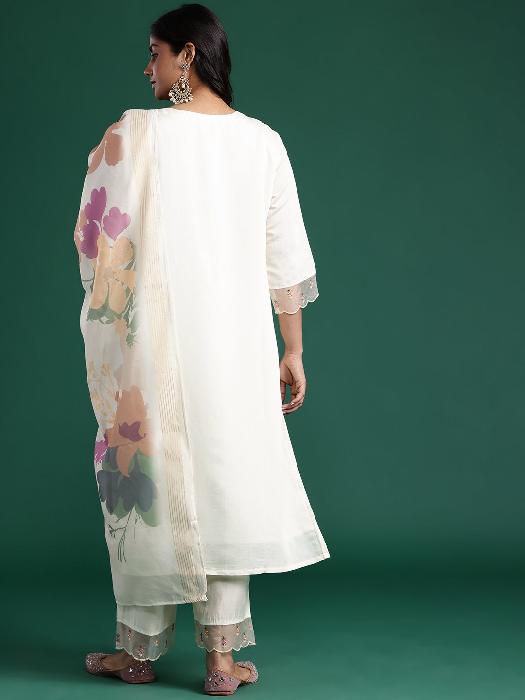Floral Embroidered Mirror Work Kurta with Palazzos & Dupatta