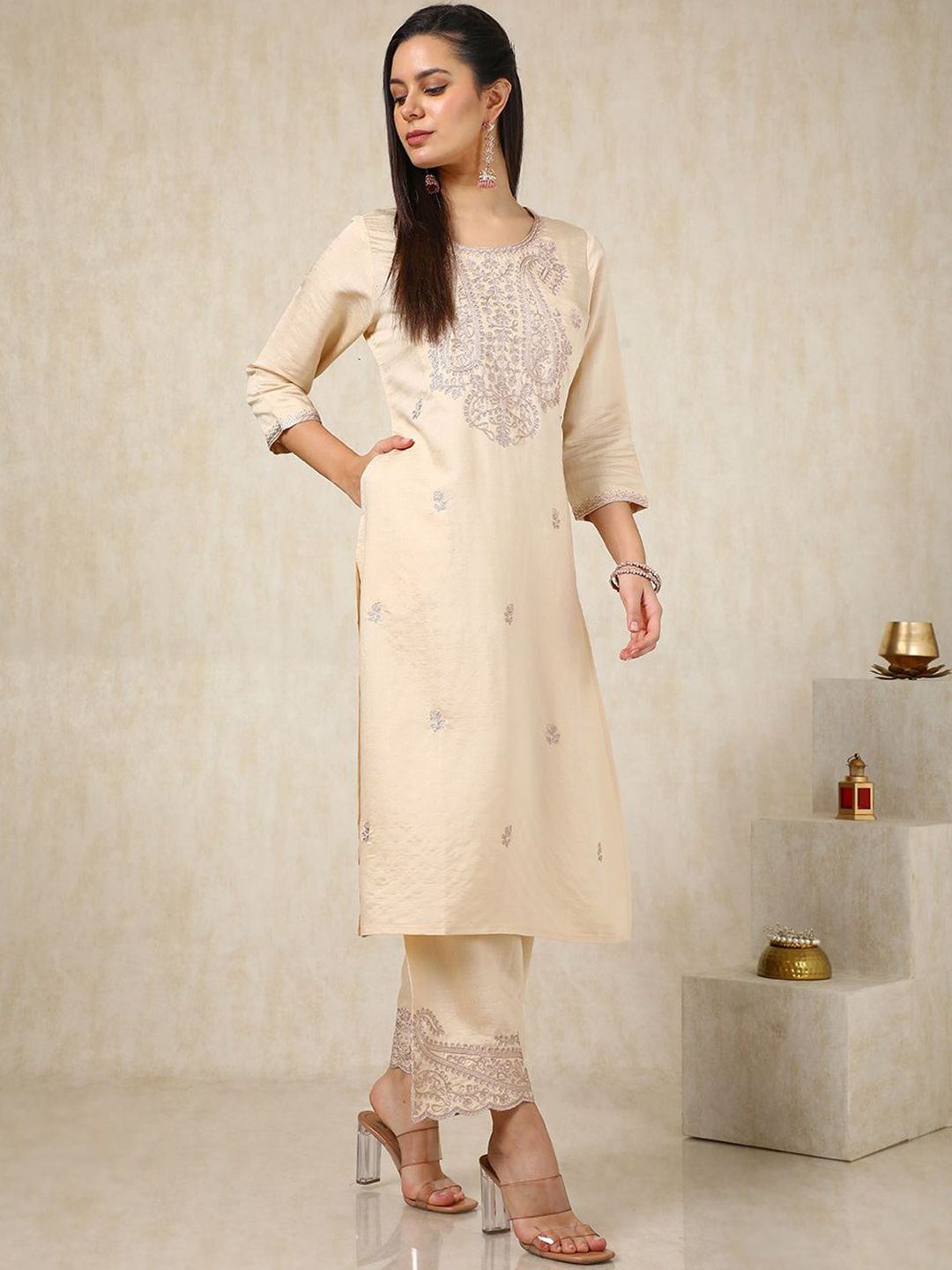 Dhiyona SO Women's Beige Paisley Embroidered Round Neck Regular Straight Kurta With Palazzo