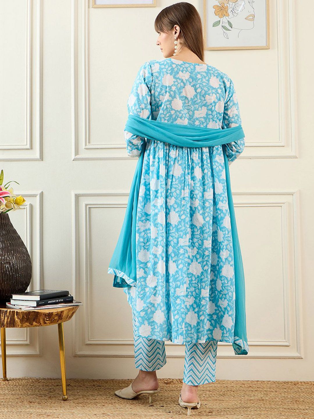 Dhiyona IE Floral Printed A-Line Mirror Work Pure Cotton Kurta with Trousers & Dupatta