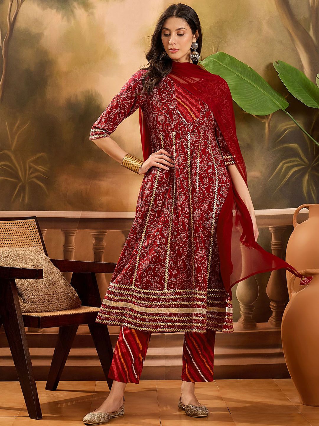 Dhiyona SN Women's Printed With Gota Patti Pure Cotton Anarkali Kurta with Trousers & Dupatta