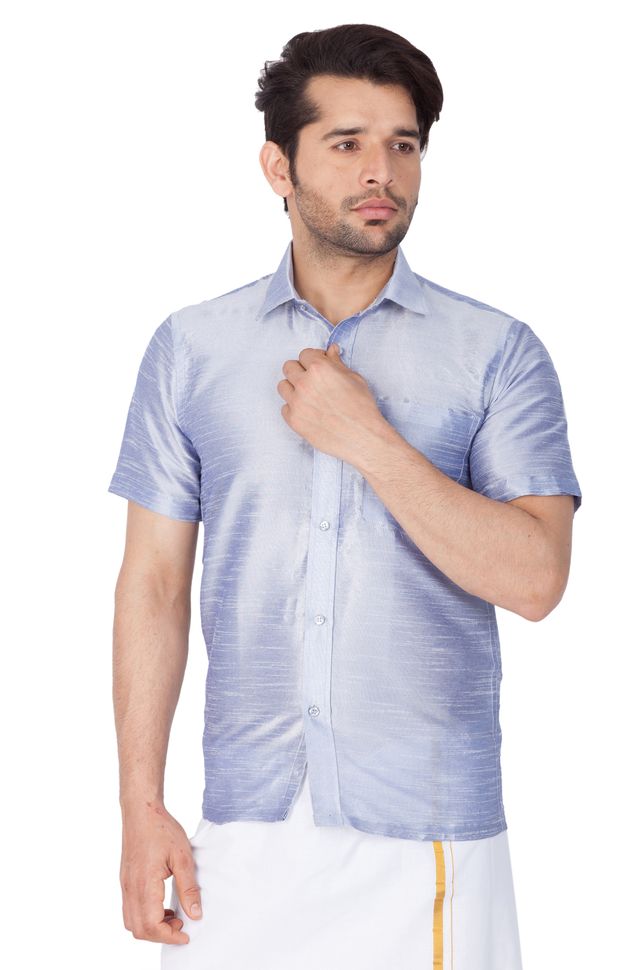 Men's Light Blue Silk Blend Straight Ethnic Shirt