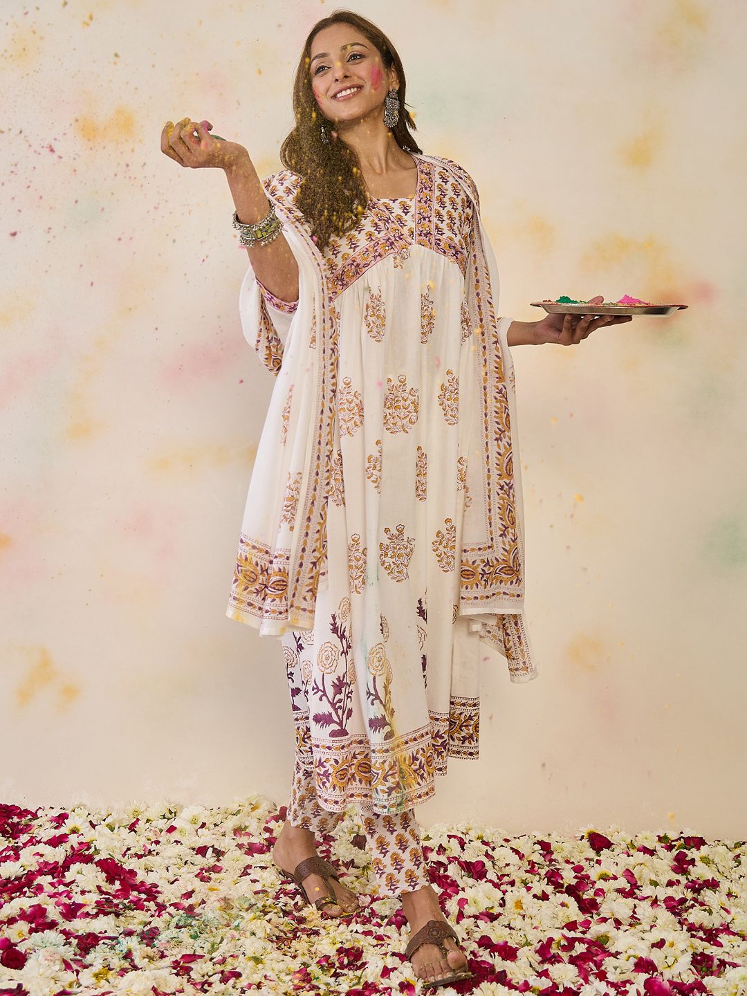 Dhiyona IE Women Ethnic Motifs Printed Empire Mirror Work Pure Cotton Kurta with Trousers & With Dupatta