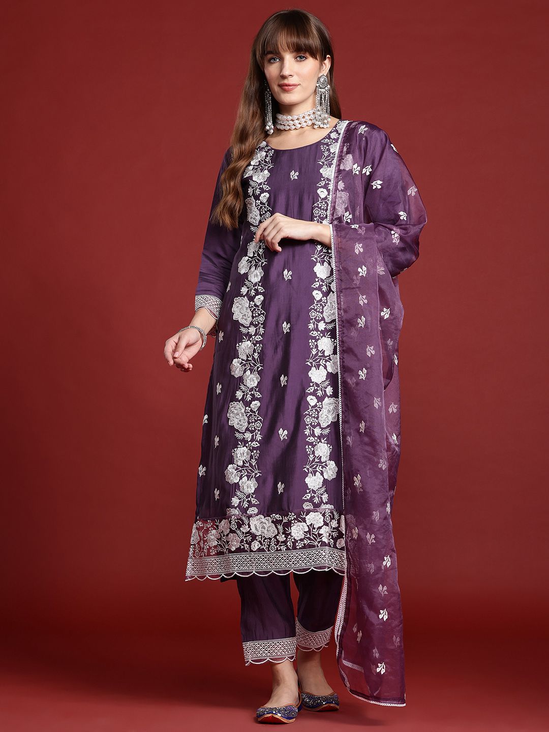 Dhiyona IE Floral Embroidered Thread Work Kurta With Trousers & Dupatta