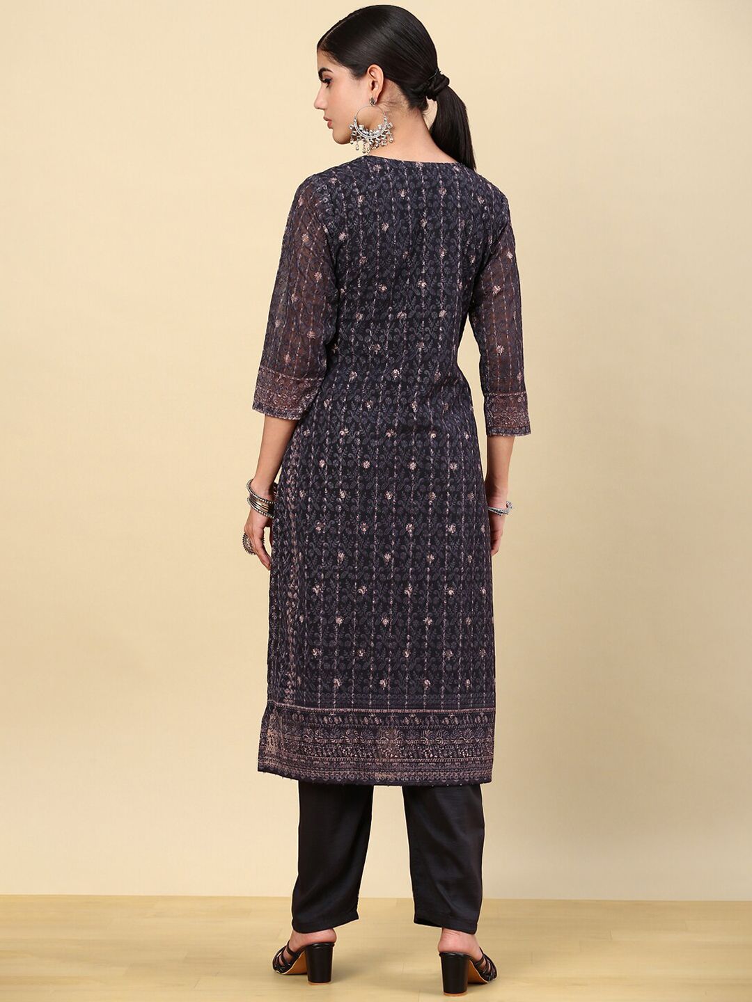 Dhiyona SO Women's Black Ethnic Motifs Printed Thread Work Kurta with Trousers
