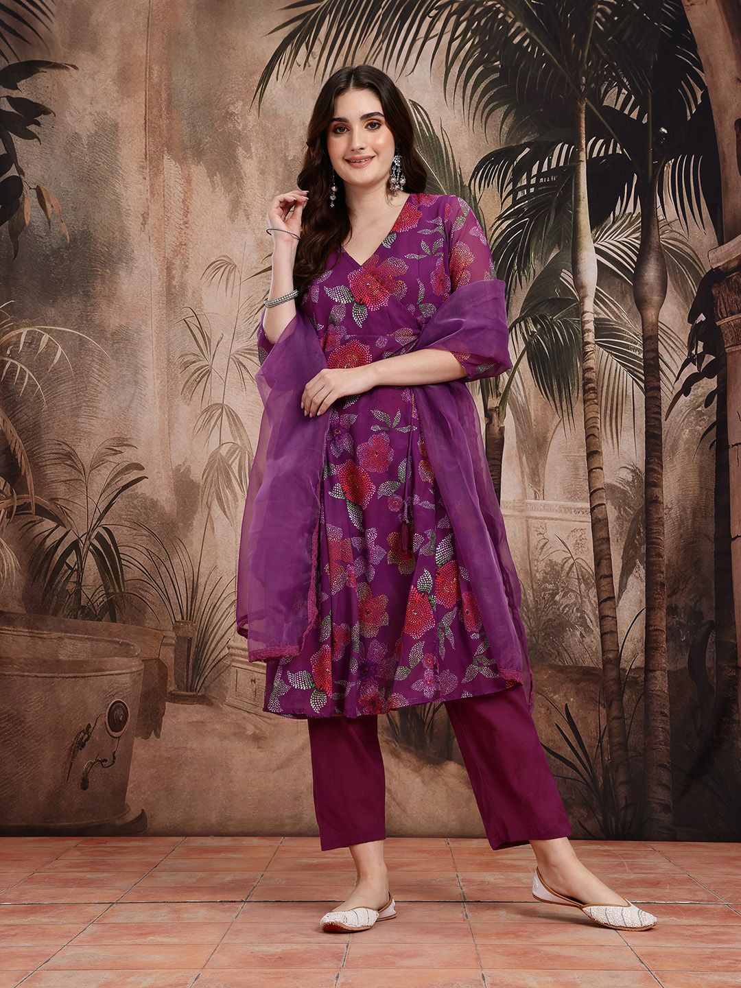 Dhiyona SN Women's Floral Print Angrakha Kurta with Trousers & Dupatta