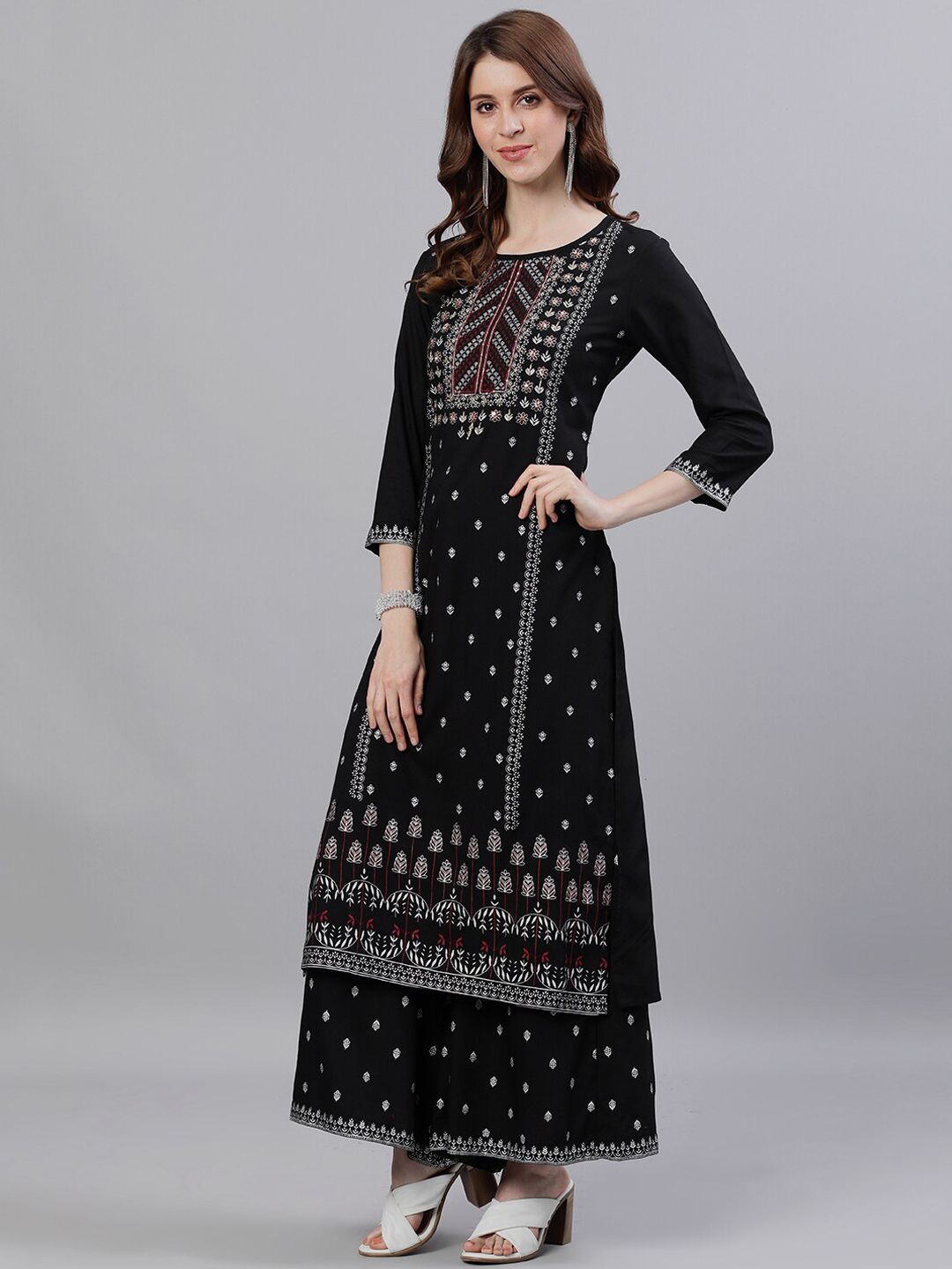 Dhiyona IS Women's Women Black Ethnic Motifs Printed Panelled Kurta with Palazzos & Dupatta