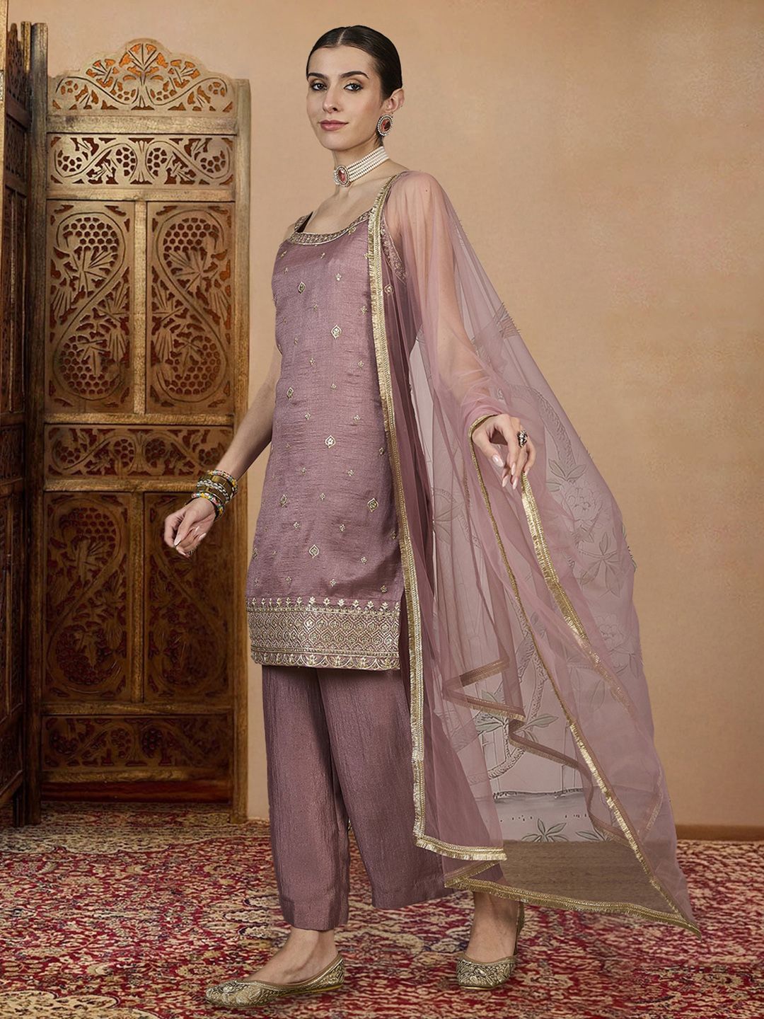 Dhiyona PD Women Embroidered Straight Kurta & Palazzos With Dupatta