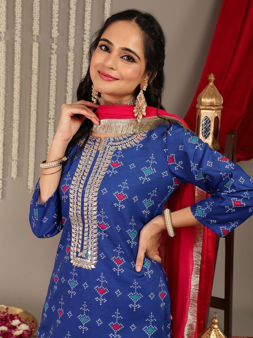 Dhiyona VA Women'sBandhani Printed Gotta Patti Straight Kurta & Trouser With Dupatta