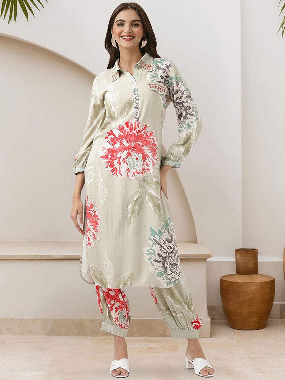 Dhiyona IS Women's Floral Printed Shirt Collar Straight Kurta With Trouser