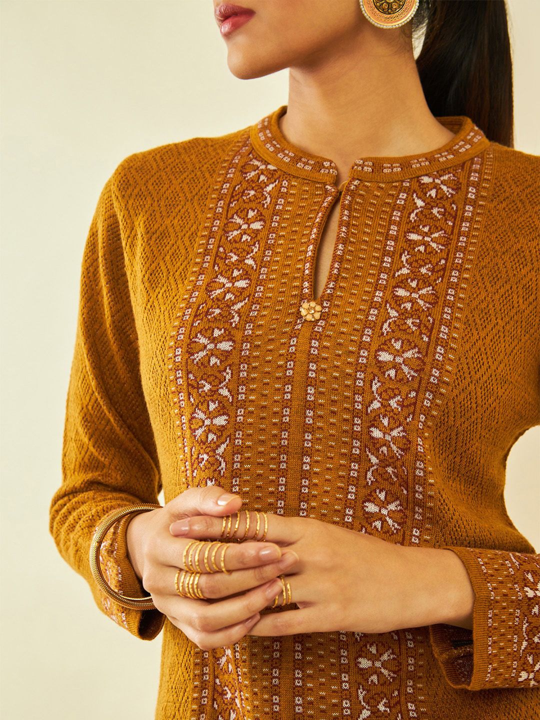 Dhiyona SO Women's Mustard Yellow Self Design Regular Straight Kurta with Trousers