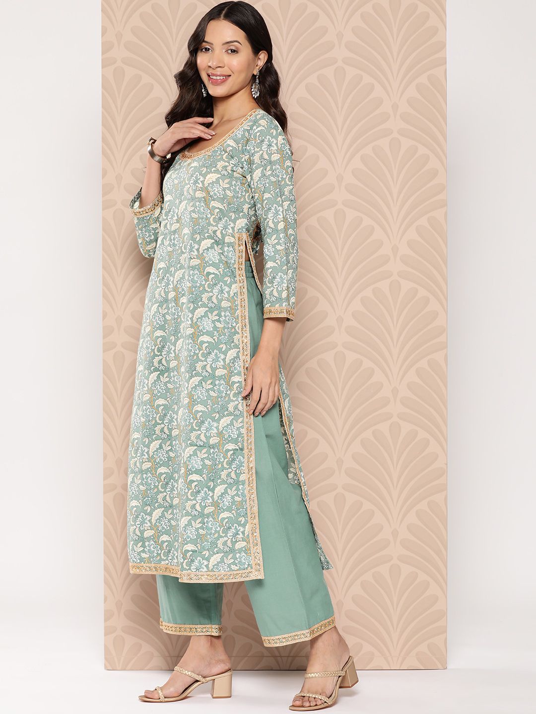 Dhiyona VA Women'sFloral Printed Regular Pure Cotton Kurta with Palazzos & Dupatta