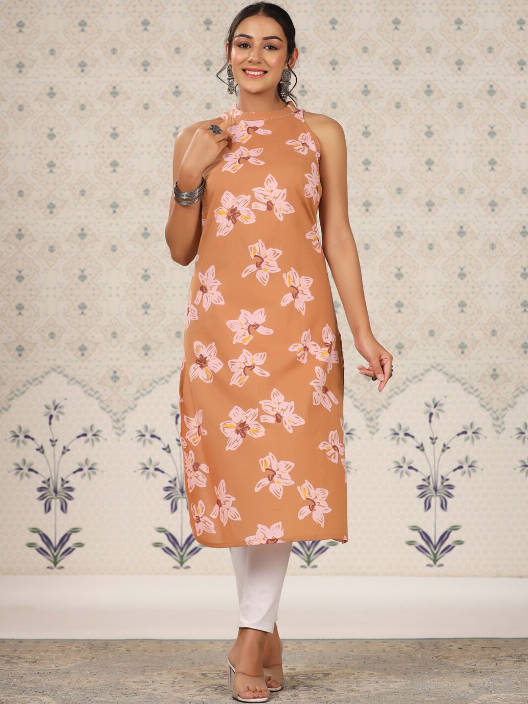 Dhiyona OD Floral Printed Sleeveless Pure Cotton Straight Kurta