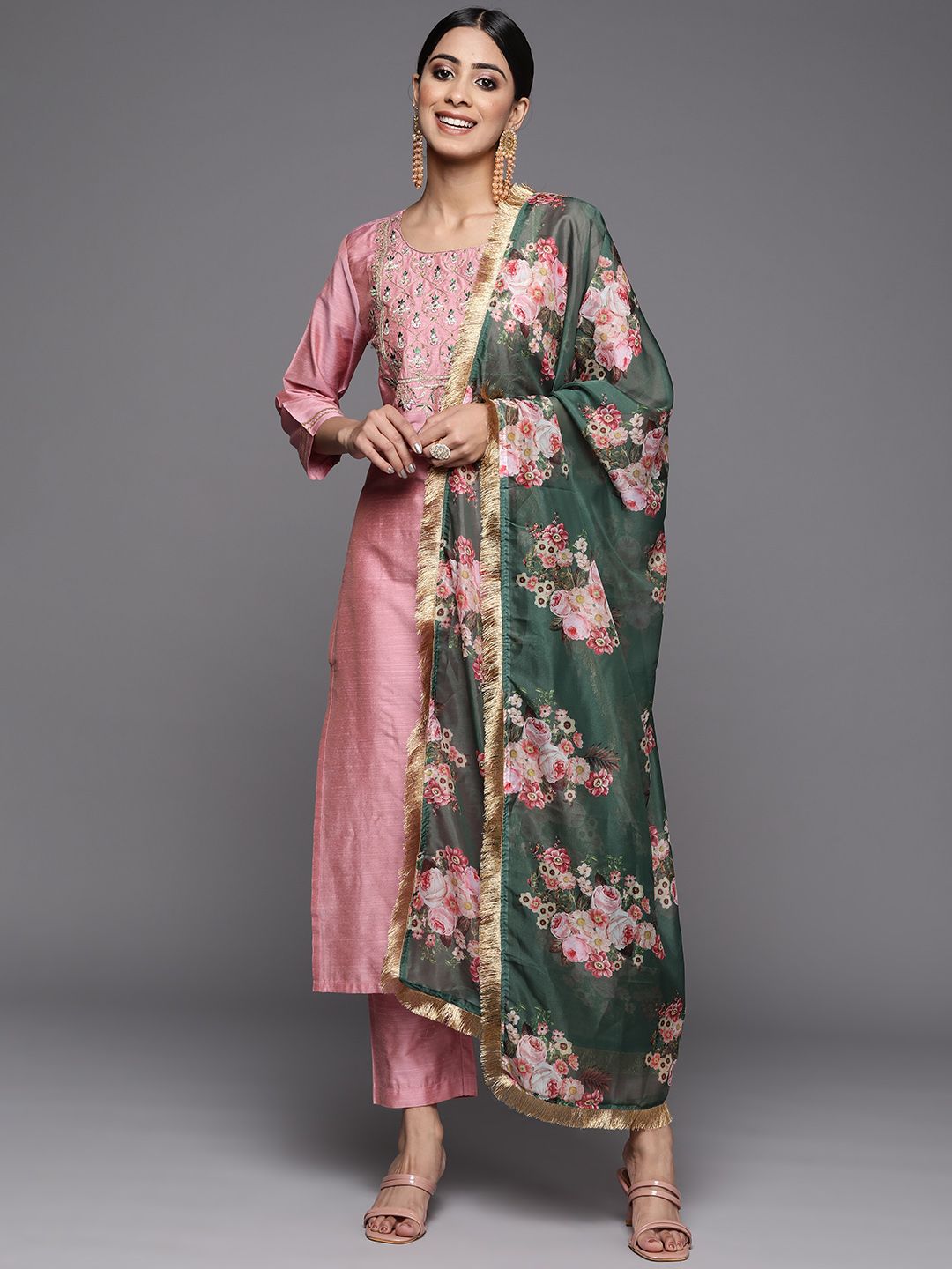Dhiyona VA Women'sFloral Yoke Design Sequinned Dupion Silk Straight Kurta with Trouser & Dupatta